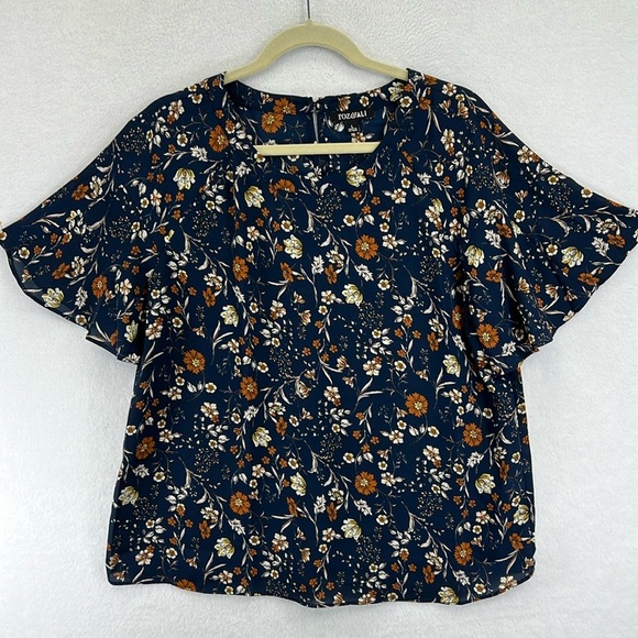 Roz & Ali Women’s Blouse Top Size L Blue/White/Rust Polyester Flutter Sleeves - Picture 1 of 10